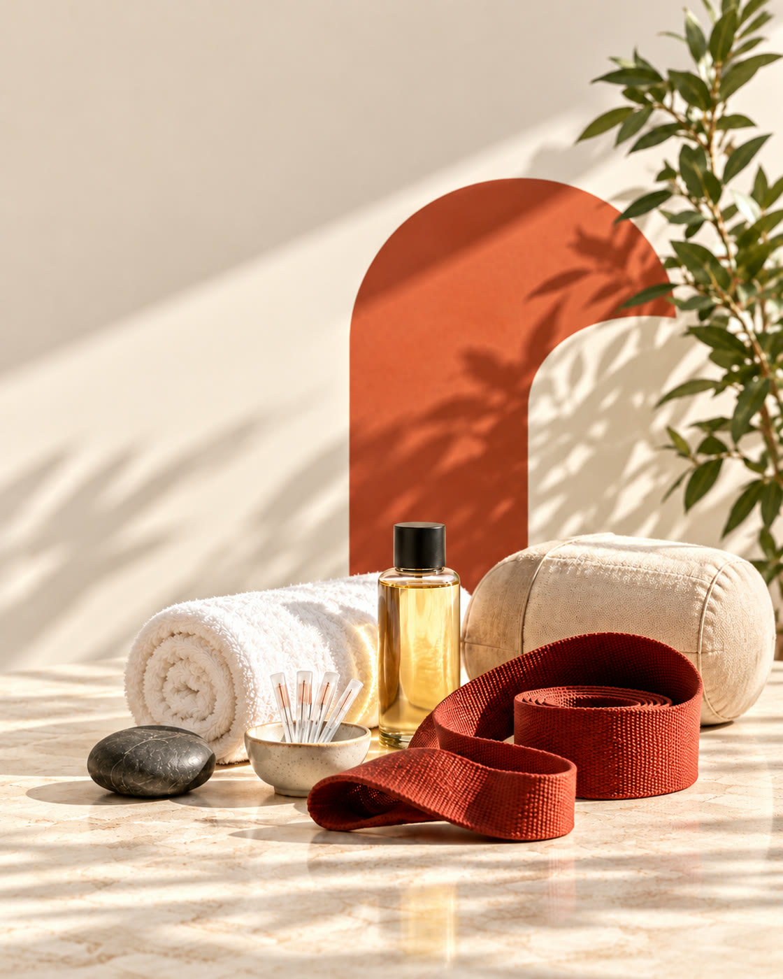 Health Clinic Waverton treatment table: towel, oil, acupuncture needles and stretching strap